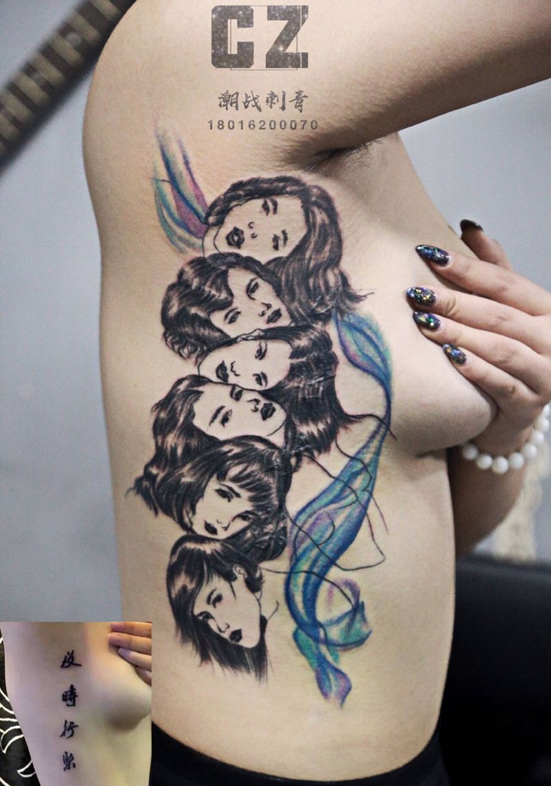 纹身遮盖纹身图片_腰部水彩欧美写实遮盖纹身图案
