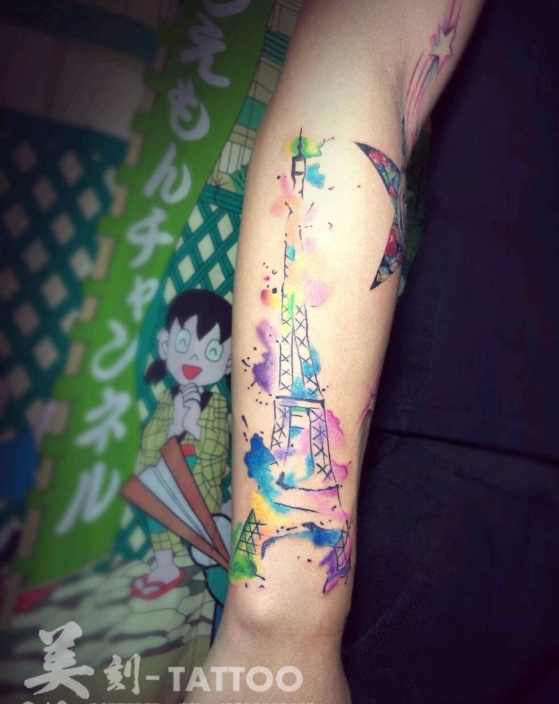 彩色泼 、墨埃菲尔铁塔纹身图片_手臂欧美几何成品纹身图案