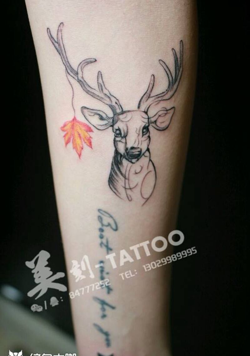 美鹿纹身图片_肩部手臂欧美清新贴纸几何动物原创成品插画纹身图案