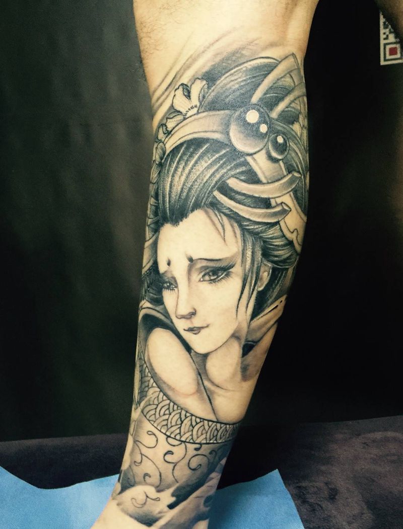 黑灰艺妓包小腿。纹身图片