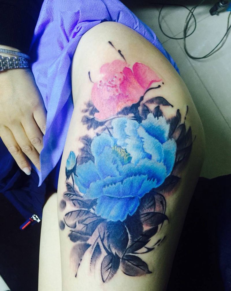 水墨牡丹完成纹身图片