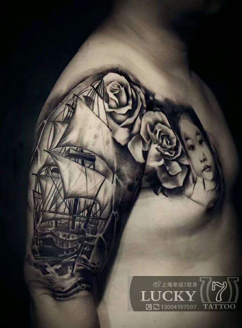 帆船|肖像|幸运7纹身纹身图片_胸部手臂肖像写实人物原创黑灰成品纹身图案