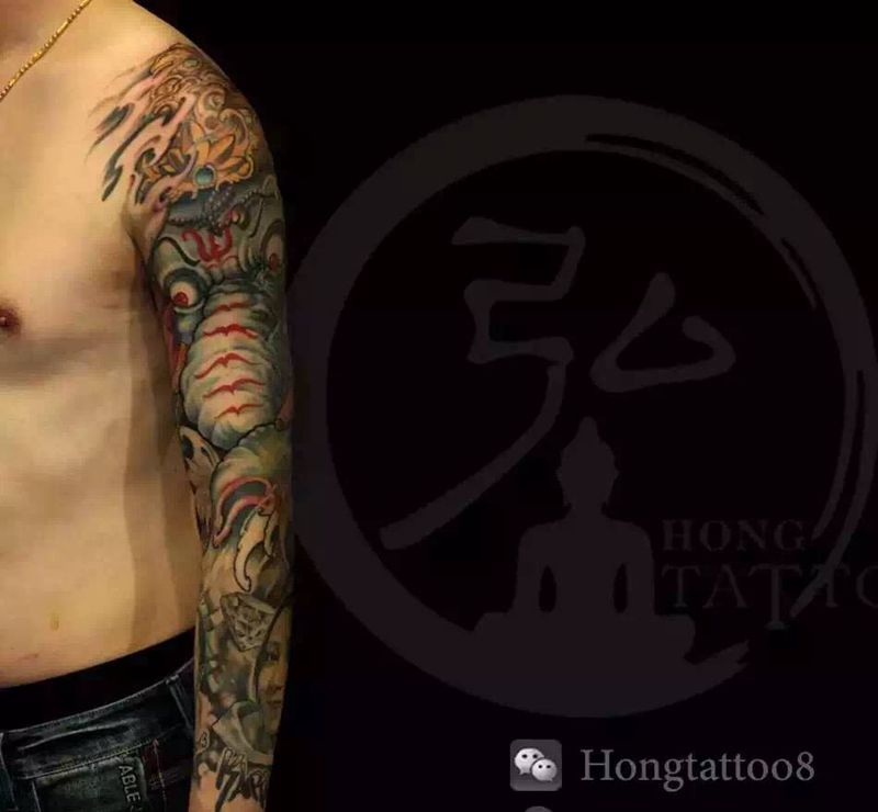 象神花臂纹身图片