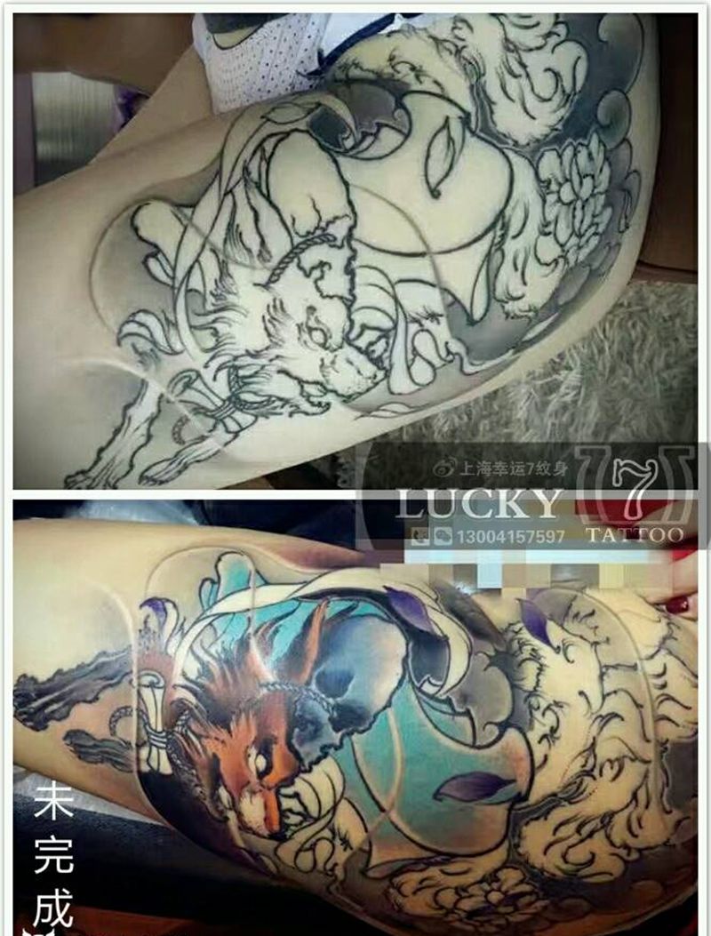 传统|幸运7纹身纹身图片_腿部传统鬼神彩色成品纹身图案