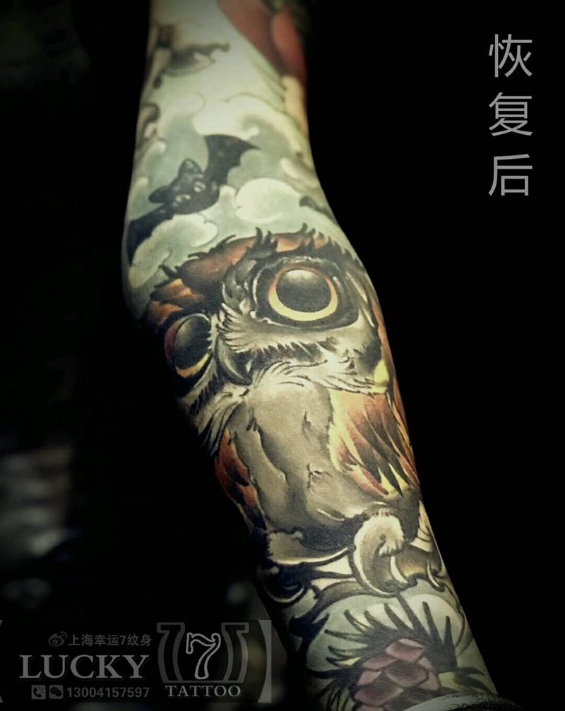 猫头鹰|花臂|幸运7纹身纹身图片_手臂欧美彩色成品纹身图案