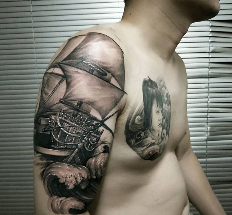 自由人文化纹身图片_胸部手臂欧美写实新传统原创纹身图案