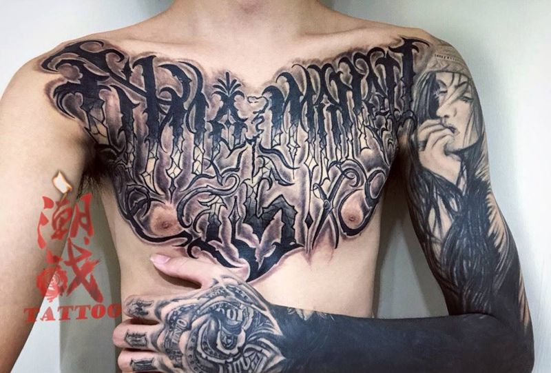 Time is money纹身图片_胸部花体字原创奇卡诺纹身图案