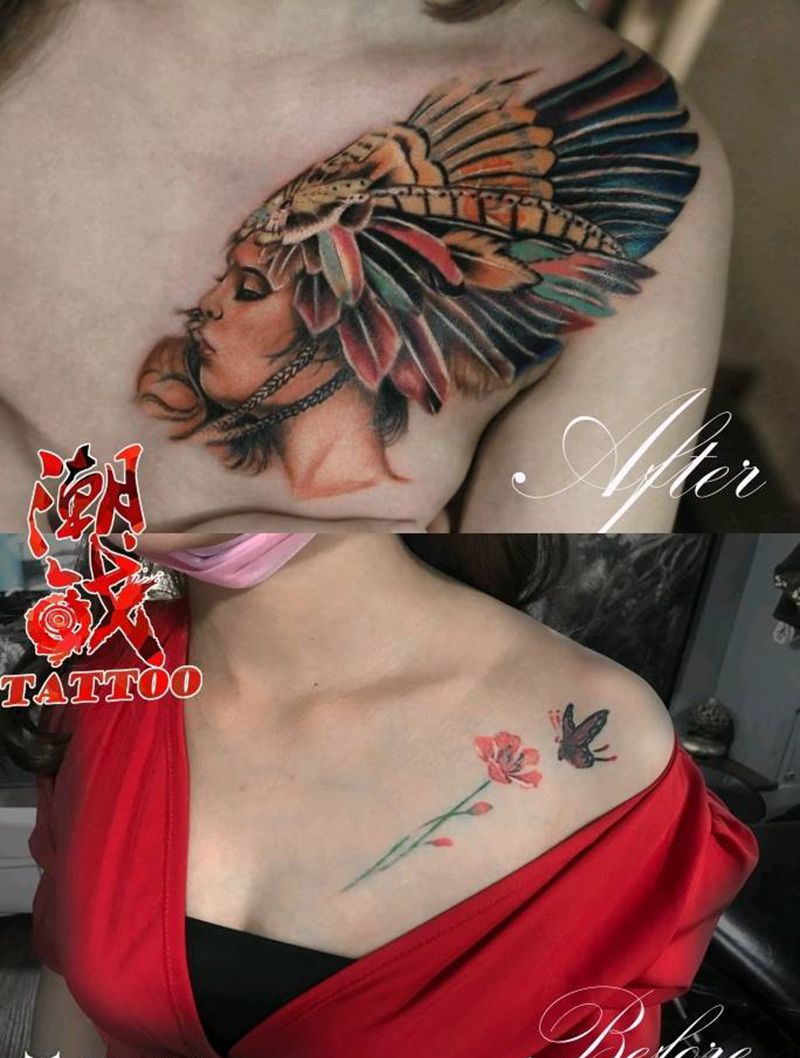 欧美女人遮盖纹身图片_水墨遮盖纹身图案