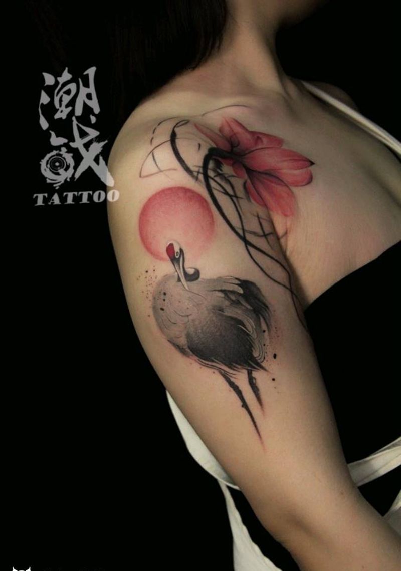 鹤纹身图片_水墨纹身图案
