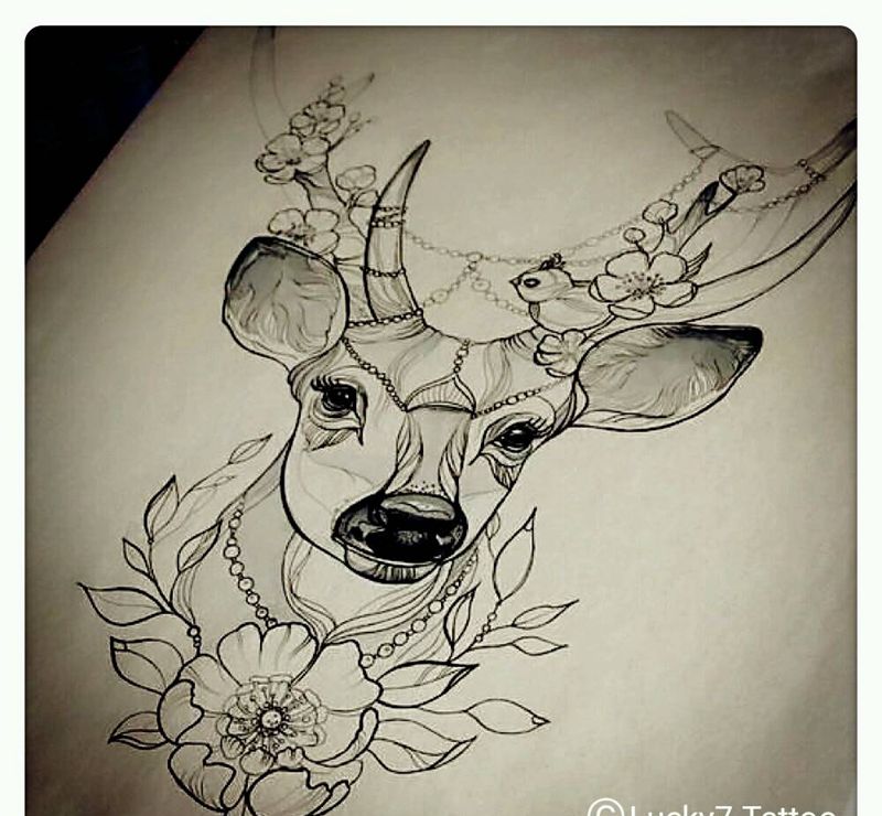 鹿手稿|幸运7纹身纹身图片_欧美动物手稿纹身图案