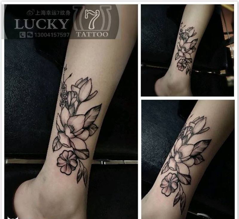 小清新|花卉|幸运7纹身纹身图片_腿部脚部清新植物成品纹身图案
