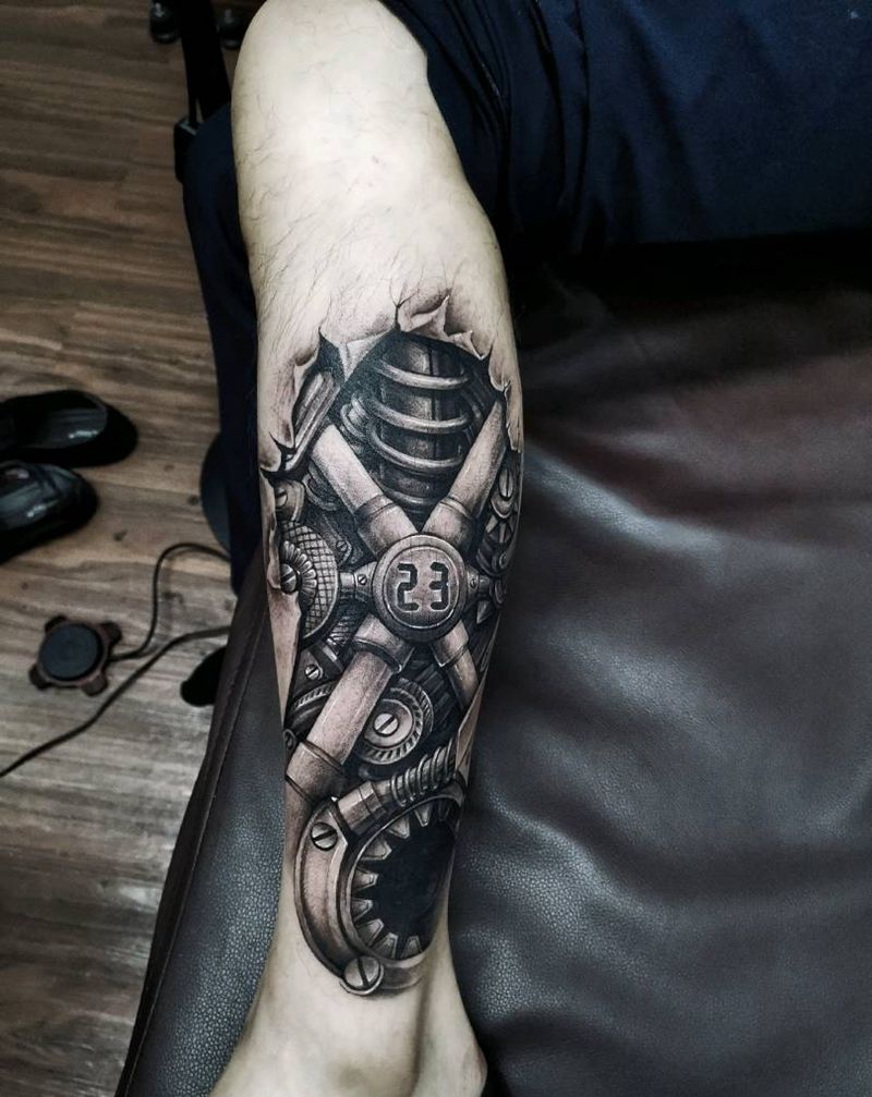 X机械纹身图片_腿部脚部欧美写实机械纹身图案