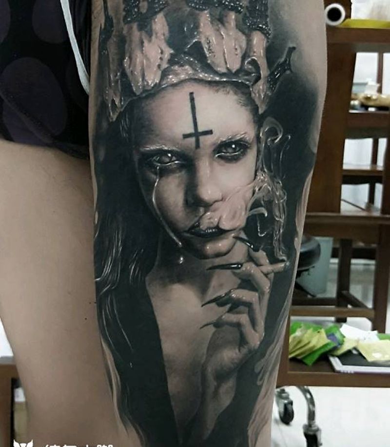 人生一梦纹身图片_腿部欧美写实纹身图案