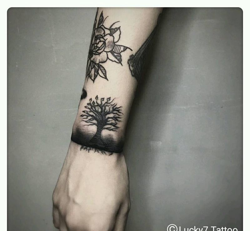 遮盖|小树|书法|幸运7纹身纹身图片_手臂清新水墨成品纹身图案