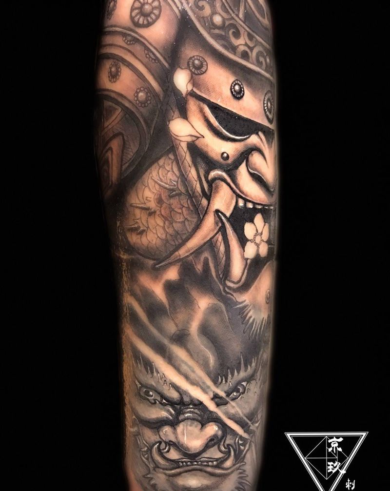 鬼武士纹身图片_成品手臂传统鬼神修改遮盖纹身图案