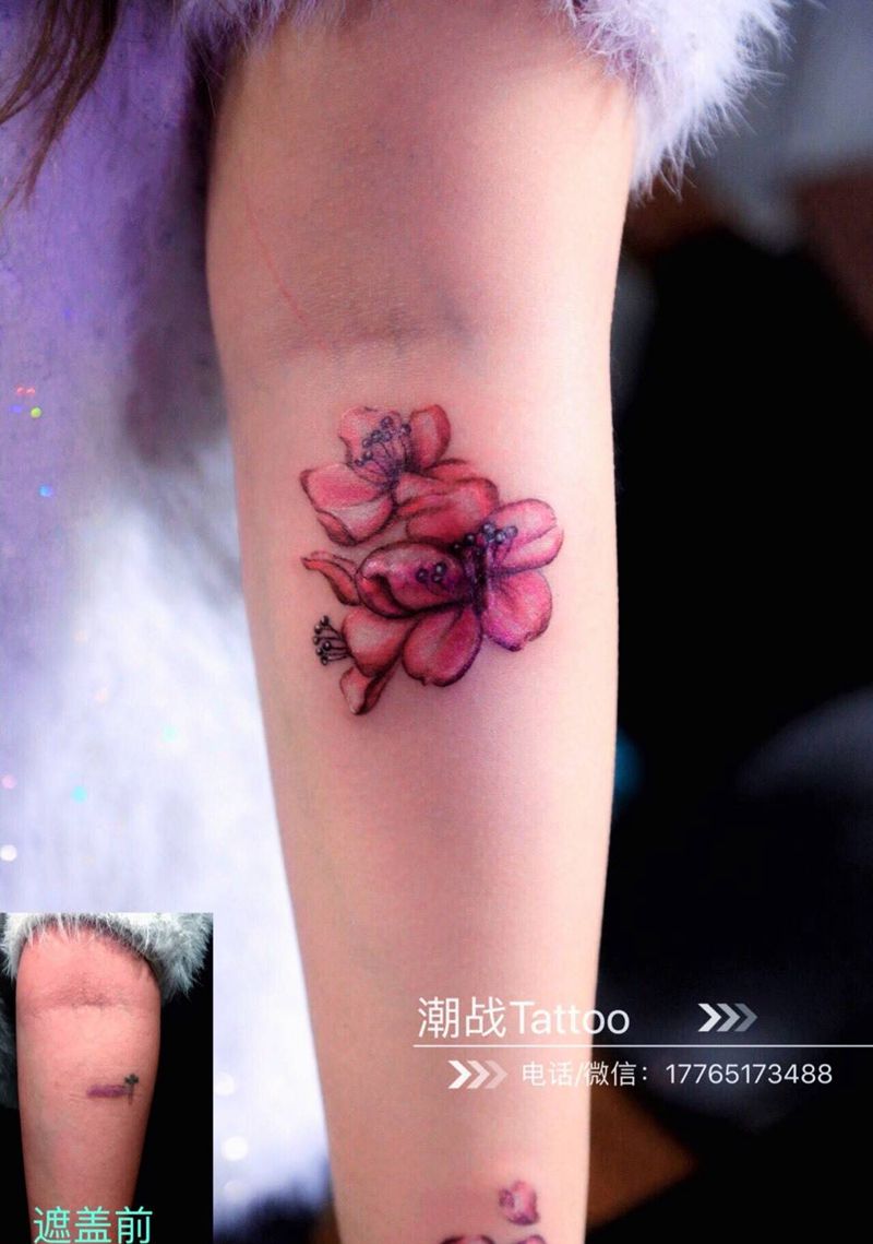 疤痕遮盖纹身图片_成品手臂清新植物遮盖纹身图案