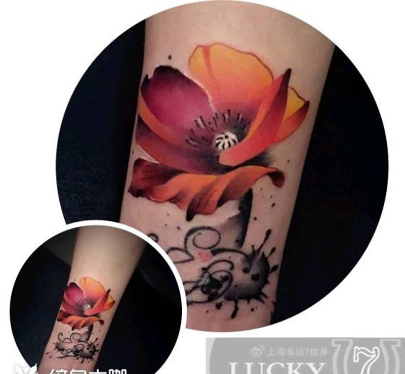 水墨|花卉|添加|幸运7纹身纹身图片_手臂清新植物水墨修改成品纹身图案
