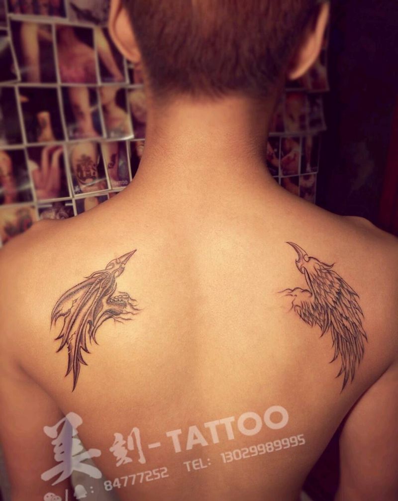 恶魔天使纹身图片_背部欧美几何静物成品纹身图案