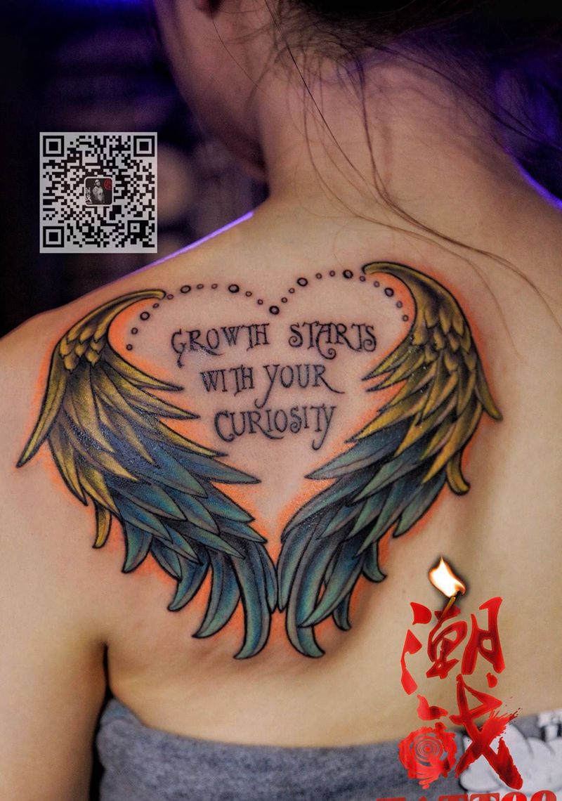 守护的心纹身图片_成品肩部背部欧美清新植物翅膀纹身图案