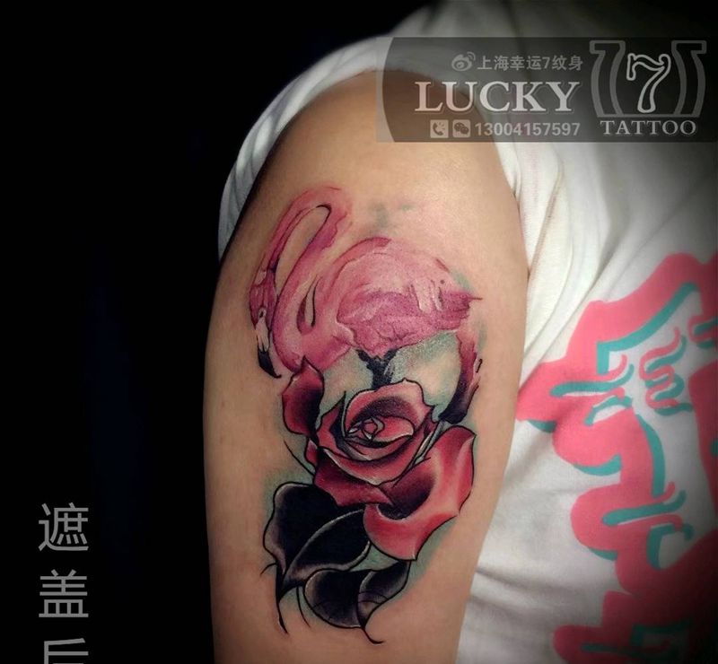 遮盖|火烈鸟|幸运7纹身纹身图片_手臂遮盖成品纹身图案