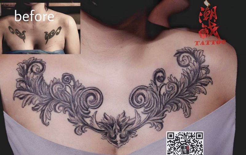 宫廷复古花胸纹身图片_成品胸部欧美植物遮盖纹身图案