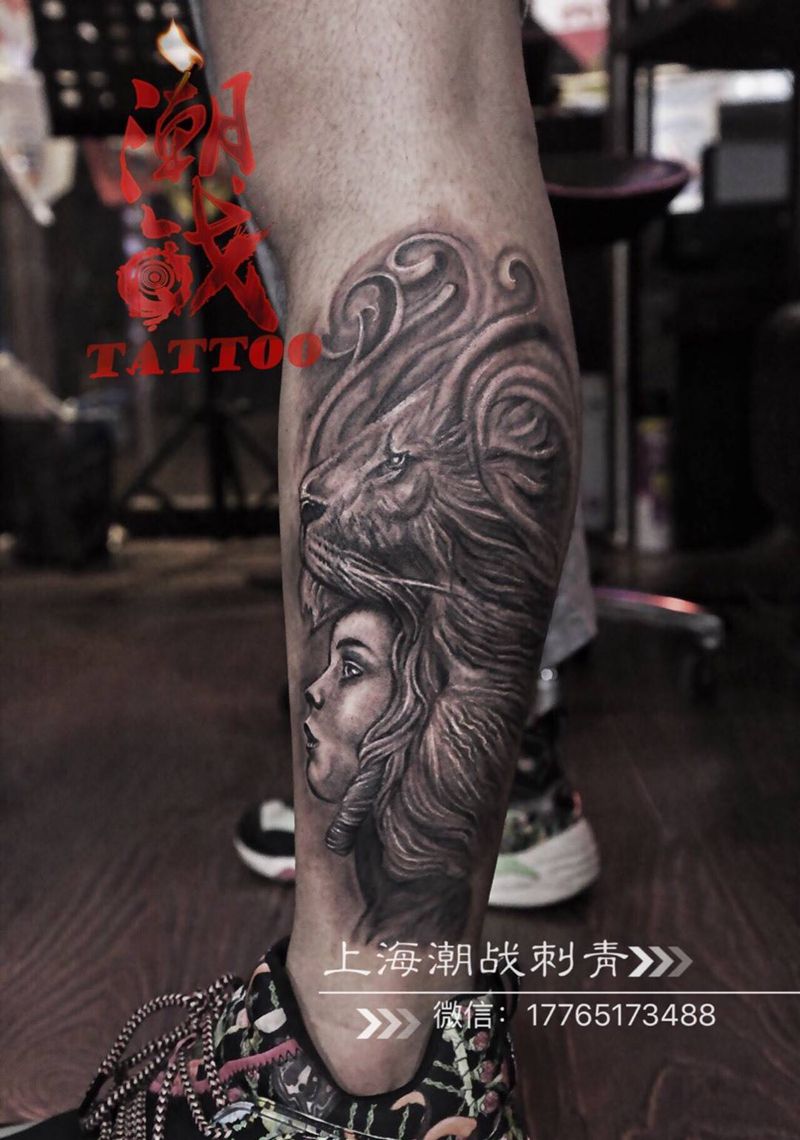 霸道与温柔纹身图片_成品腿部欧美肖像写实人物动物纹身图案