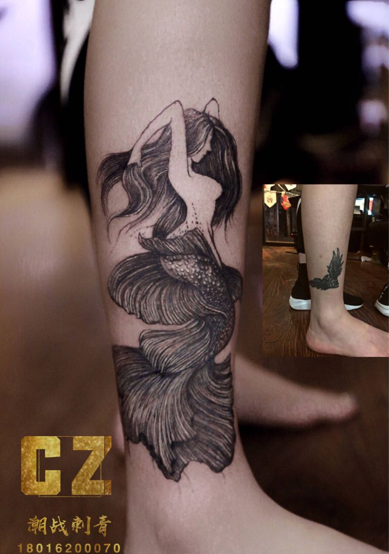 美人鱼遮盖纹身图片_腿部欧美写实遮盖美人鱼纹身图案
