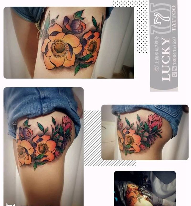 彩色|花卉|幸运7纹身纹身图片_腿部植物成品纹身图案