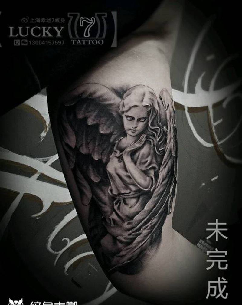天使|幸运7纹身纹身图片_手臂欧美写实人物黑灰纹身图案