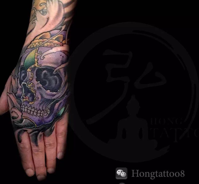 手背骷髅纹身图片_成品纹身图案