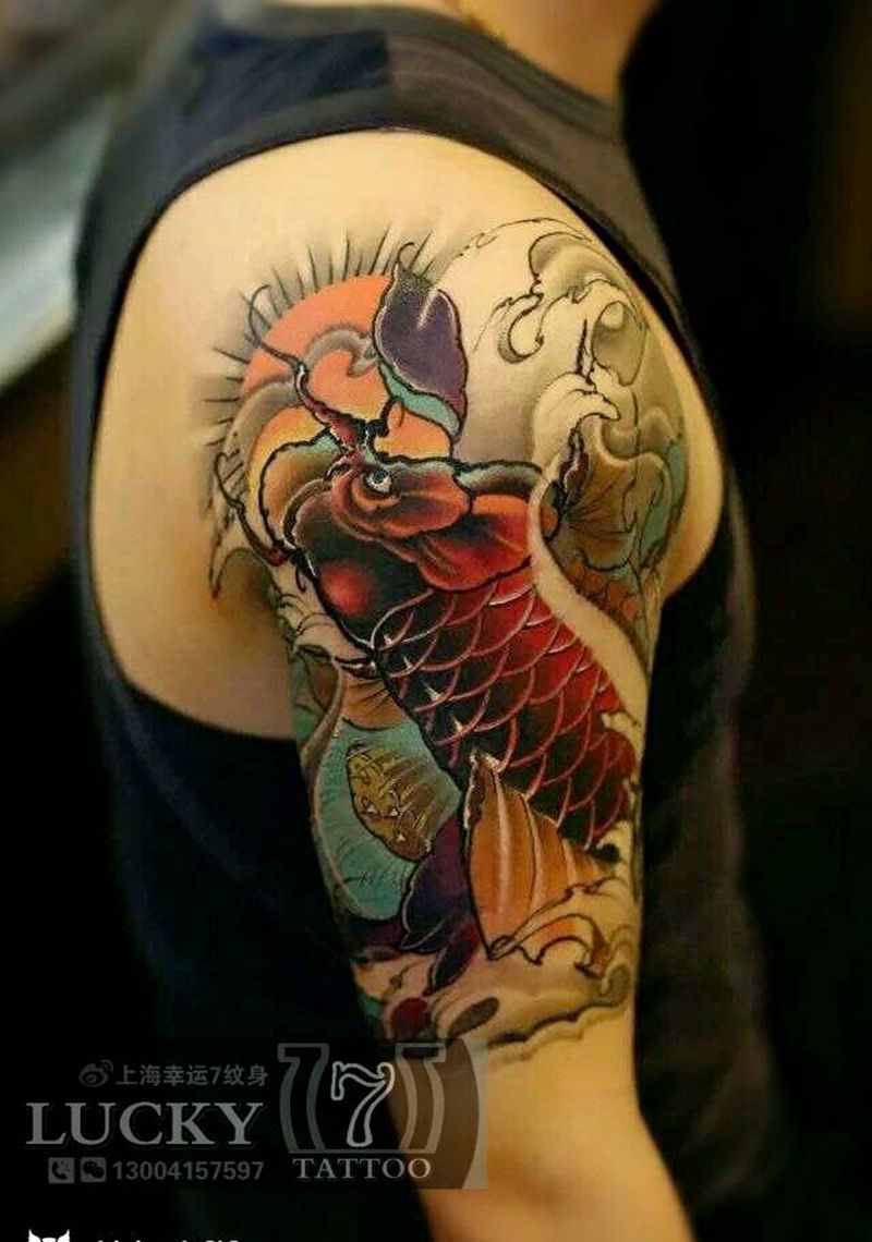 传统|鲤鱼莲花|幸运7纹身纹身图片_手臂传统动物植物原创彩色成品纹身图案