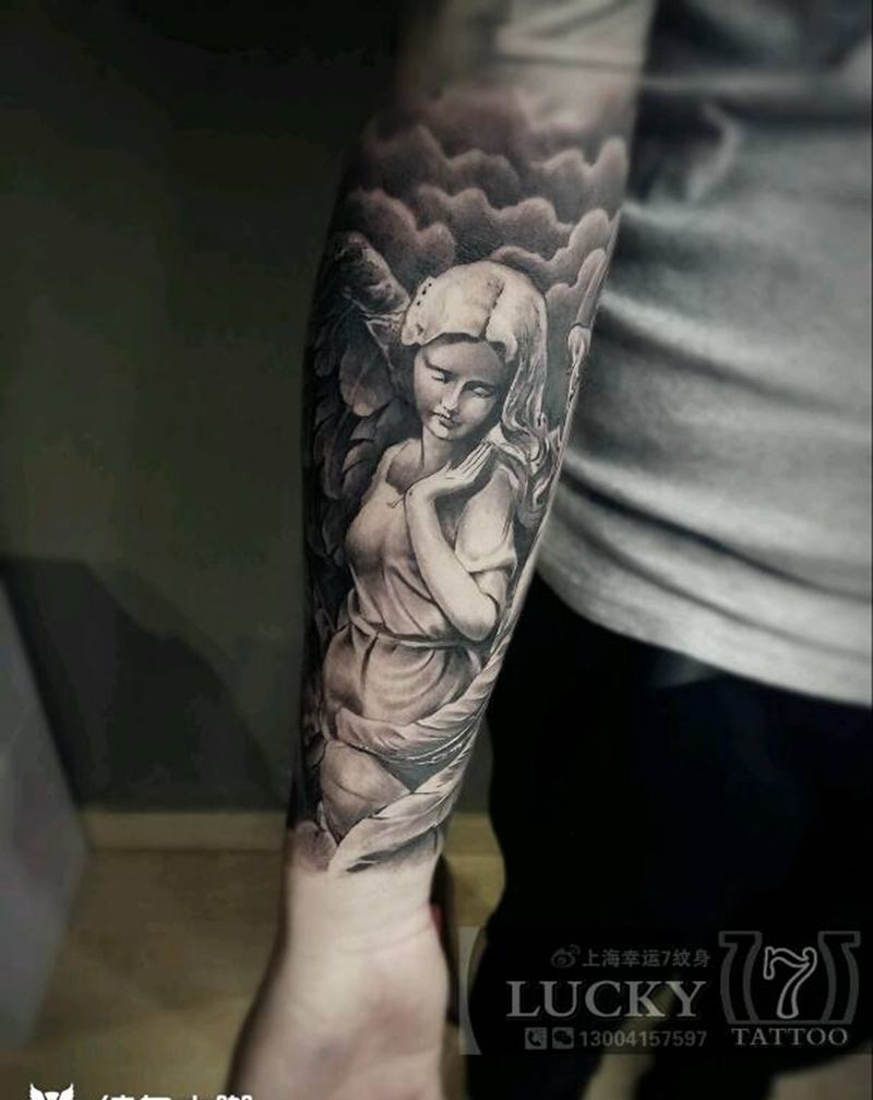 包臂|天使|建筑|幸运7纹身纹身图片_手臂欧美黑灰成品纹身图案