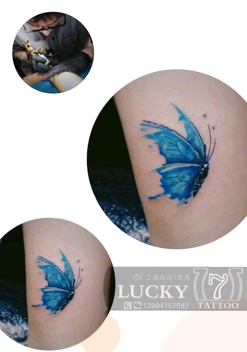 蝴蝶纹身|幸运7纹身纹身图片_腿部清新原创盖疤成品纹身图案