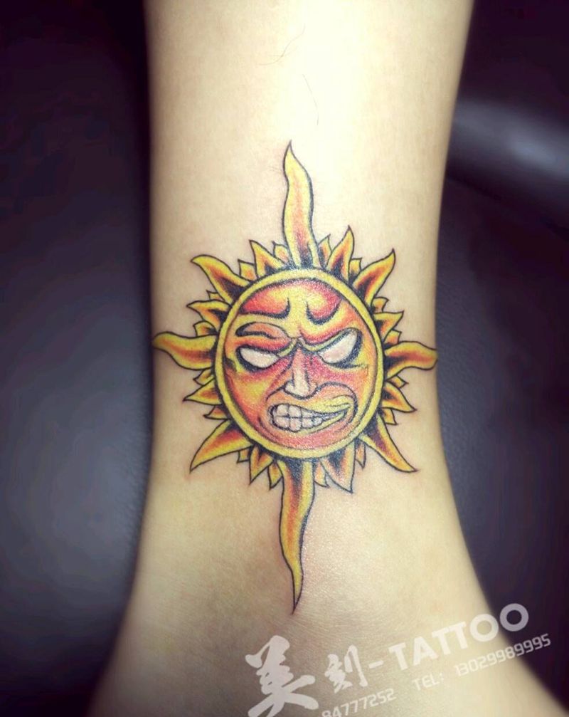 愤怒的小太阳纹身图片_腿部欧美传统清新几何字符鬼神图腾成品纹身图案
