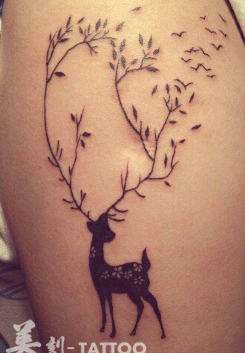 欧美清新鹿纹身图片_肩部背部欧美贴纸几何动物成品纹身图案
