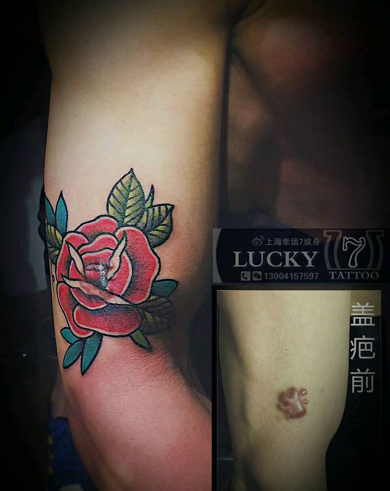 盖疤|玫瑰|幸运7纹身纹身图片_手臂植物彩色盖疤成品纹身图案