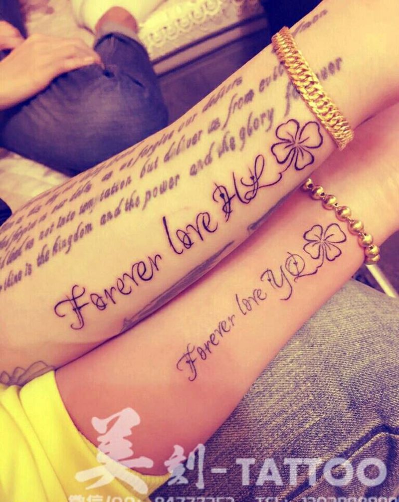 情侣艺术英文纹身图片_手臂欧美情侣成品纹身图案