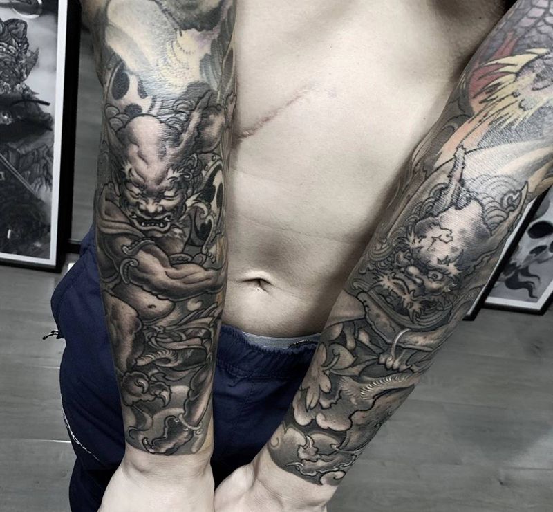 风神雷神纹身图片_手臂老传统新传统纹身图案