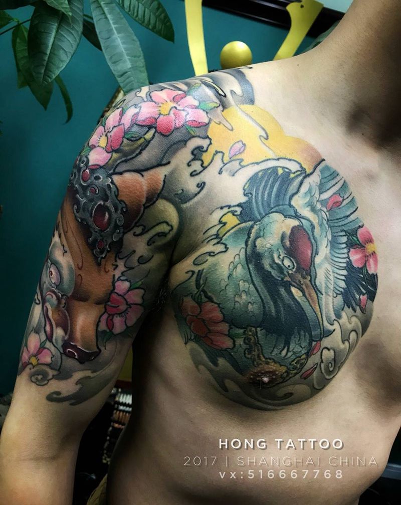 鹿鹤半胛完成纹身图片