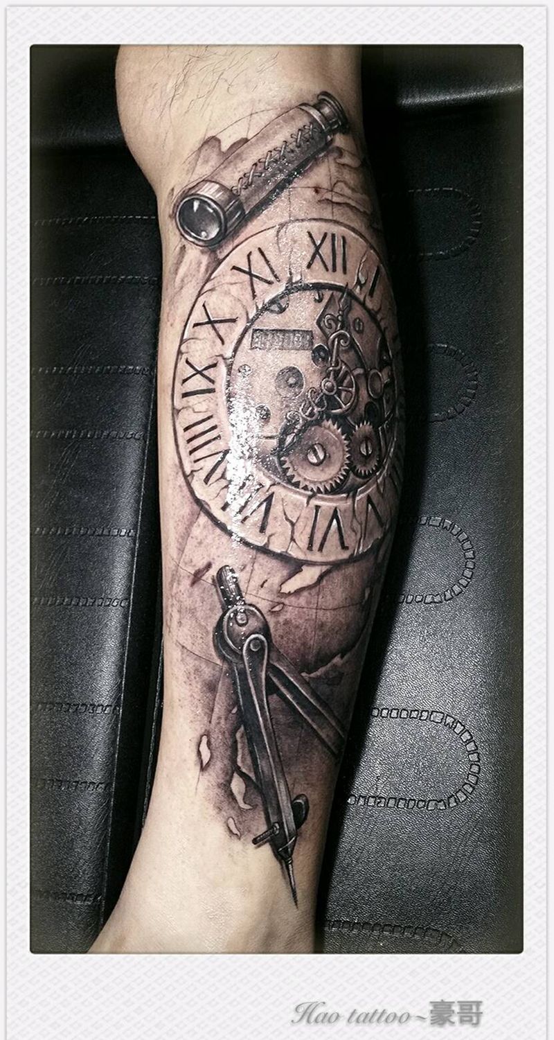 航海图纹身图片_腿部欧美写实几何原创福州福建自由人纹纹身图案