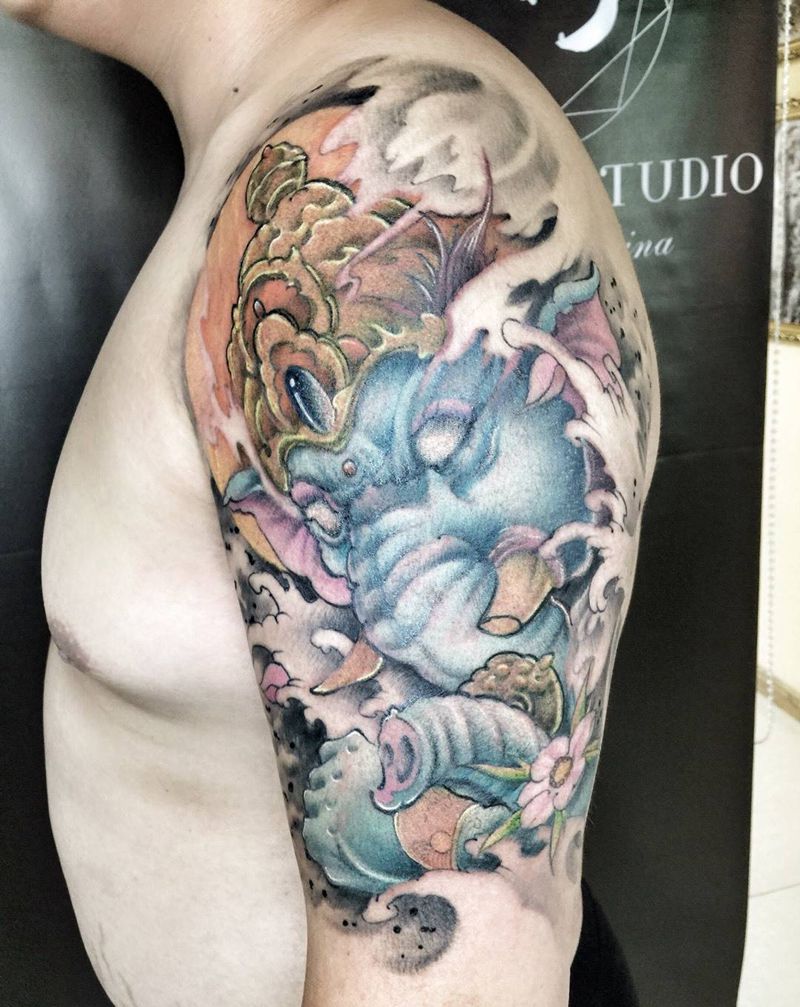 彩色象财神完成。纹身图片