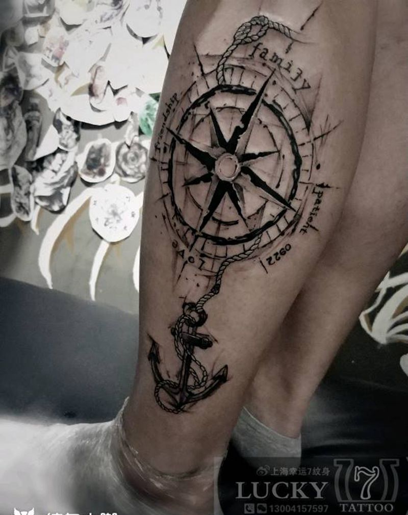 指南针|船锚|幸运7纹身纹身图片_腿部欧美成品纹身图案