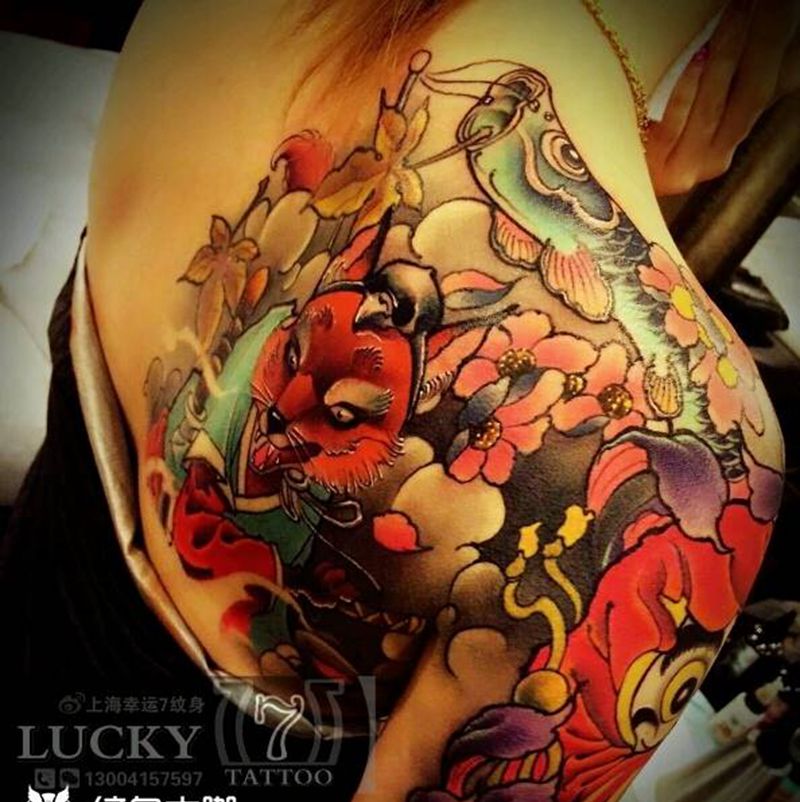 彩色传统|幸运7纹身纹身图片_肩部背部手臂鬼神彩色成品纹身图案