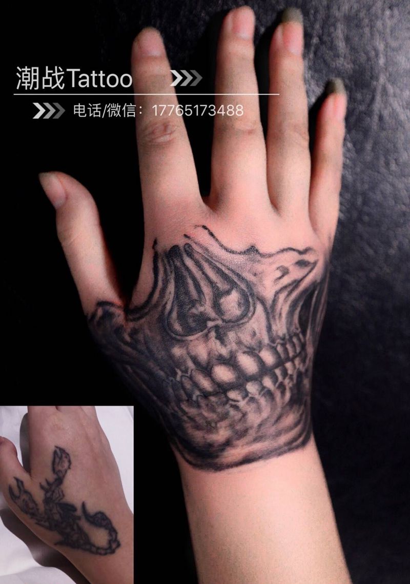 纹身遮盖，骷髅手纹身图片_成品手部欧美骷髅遮盖纹身图案