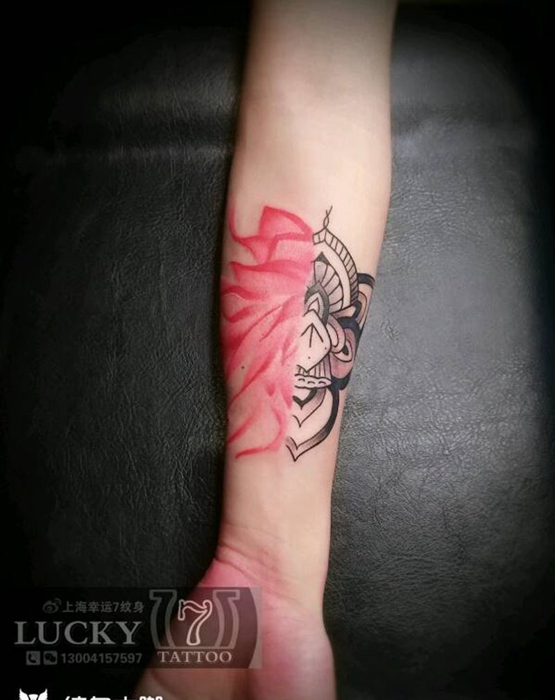 图腾花|幸运7纹身纹身图片_手臂植物图腾原创彩色成品纹身图案