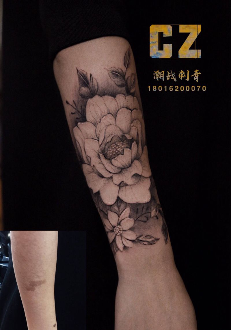 疤痕遮盖纹身图片_手臂小清新花纹身图案