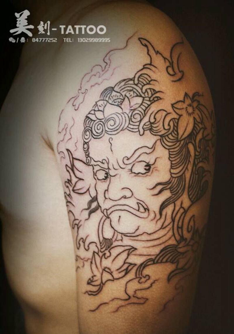 不动明王割线纹身图片_肩部传统鬼神成品纹身图案