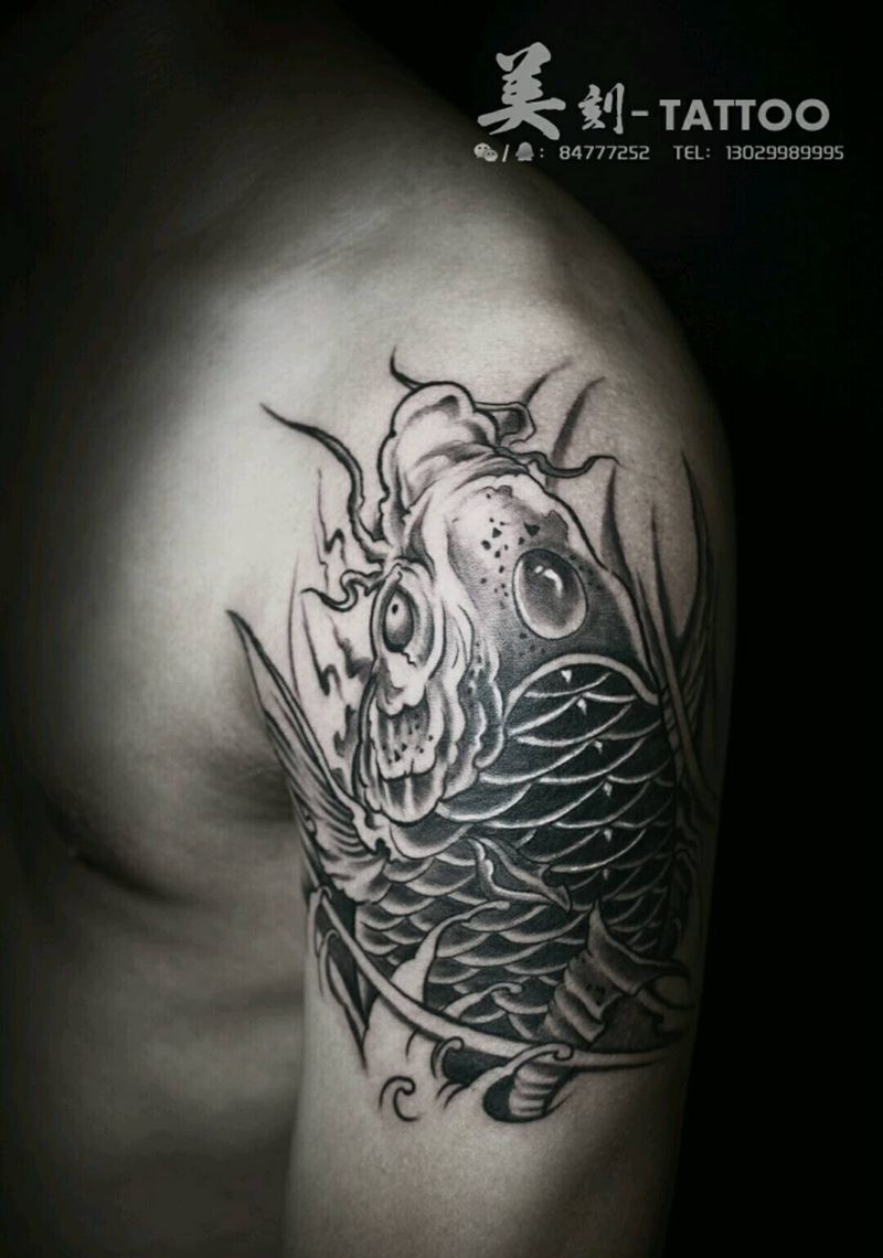锦鲤遮盖！！！！纹身图片_肩部手臂欧美传统习俗国画贴纸动物原创成品纹身图案