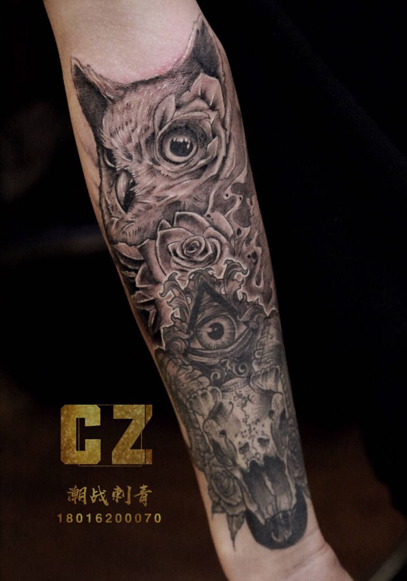 纹身美化纹身图片_手臂欧美写实猫头鹰纹身图案