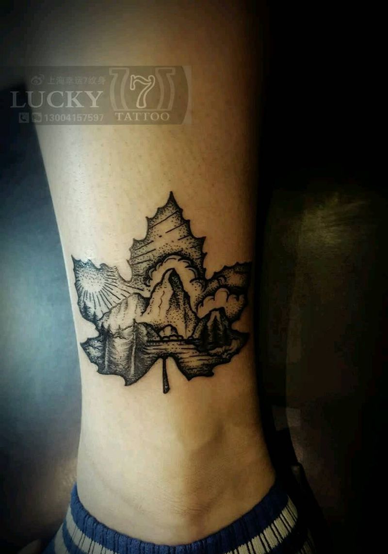 叶子|幸运7纹身纹身图片_腿部欧美植物原创点刺成品纹身图案